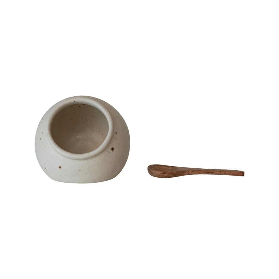 Salt Cellar Stoneware Jar With Mango Wood Spoon Cream