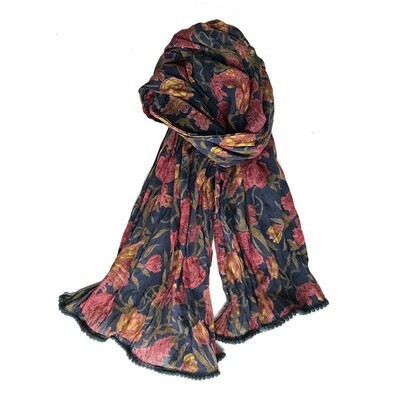 Crinkled Cotton Scarf Tulips Charcoal