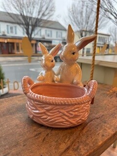 Ceramic Bunny With Pink Basket 6.5" X 8"