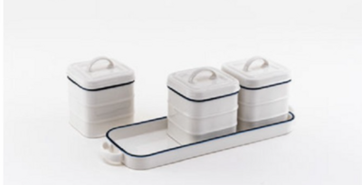 Porcelain Nantucket Canisters On Tray White And Navy Blue