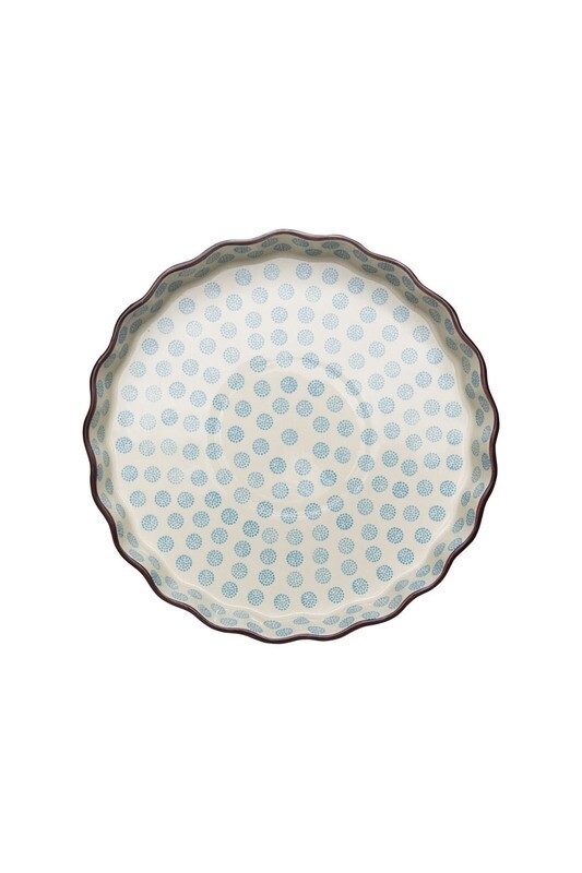 Hand Stamped Quiche Dish Retro Blue 10 Inch