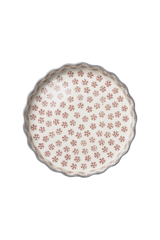 Hand Stamped Quiche Dish Retro Red 10 Inch