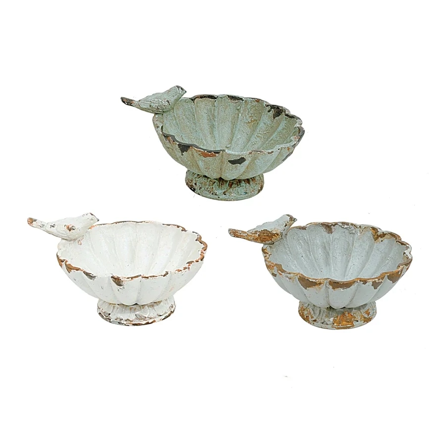 Distressed Pewter Bowl With Bird Perched On Rim Gray
