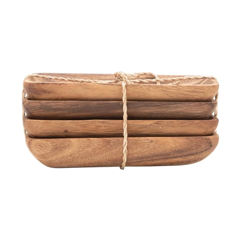 Set Of 4 Acacia Wood Trays With Seagrass Tie