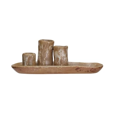 Two Stoneware Vases And One Candle Holder Tray Brown