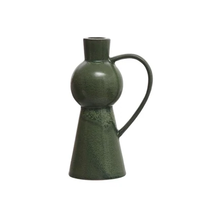 Stoneware Taper Candle Holder With Handle Green 7&quot;