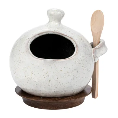 Stoneware Salt Cellar With Wood Spoon And Base