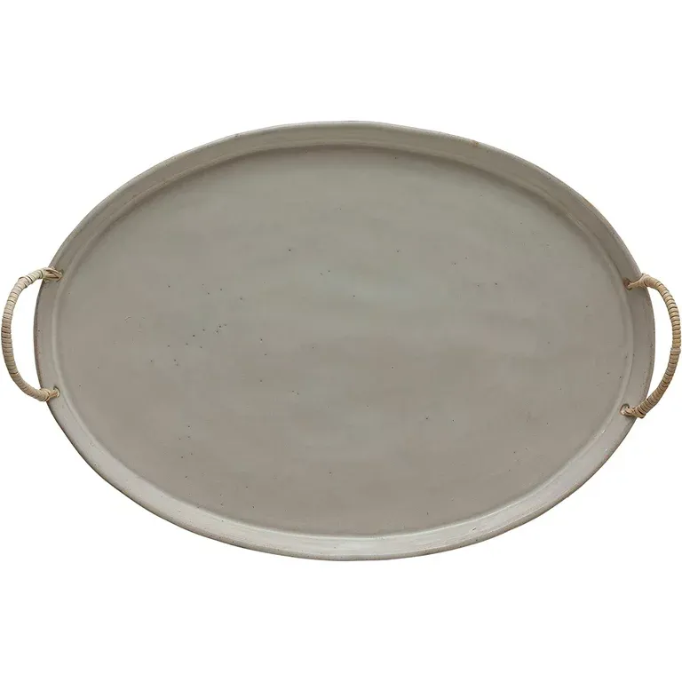 Stoneware Platter w/rattan Handles