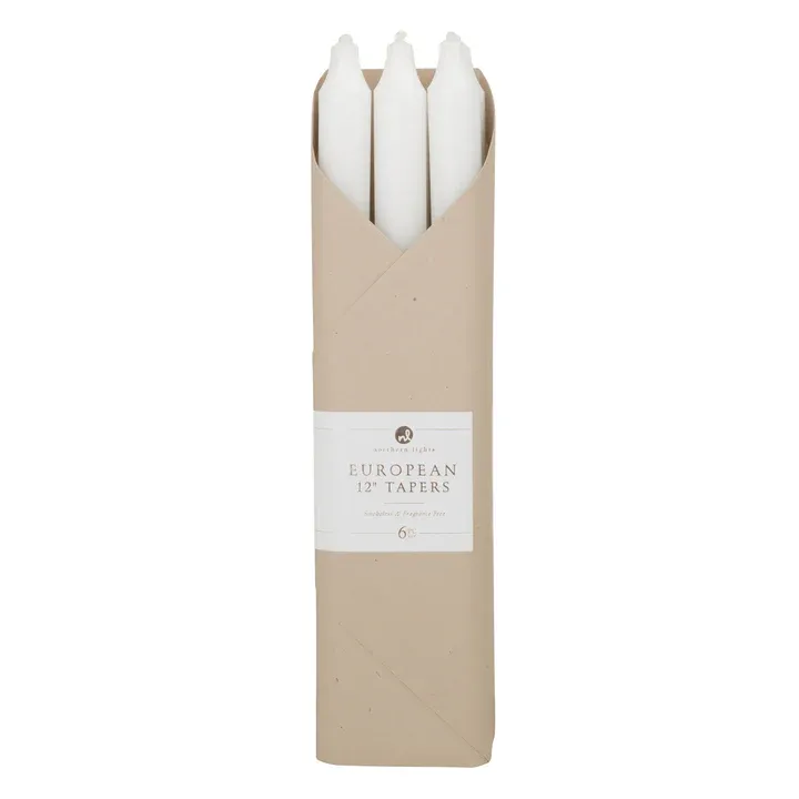 Pack Of 6 12&quot; European Taper Smokeless &amp; Fregrance Free Candles Pure White