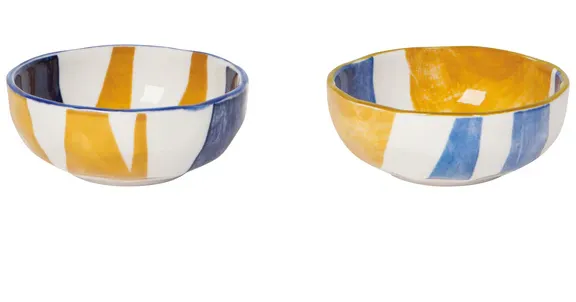 Stamped White Ceramic Pinch Bowl Blue And Yellow