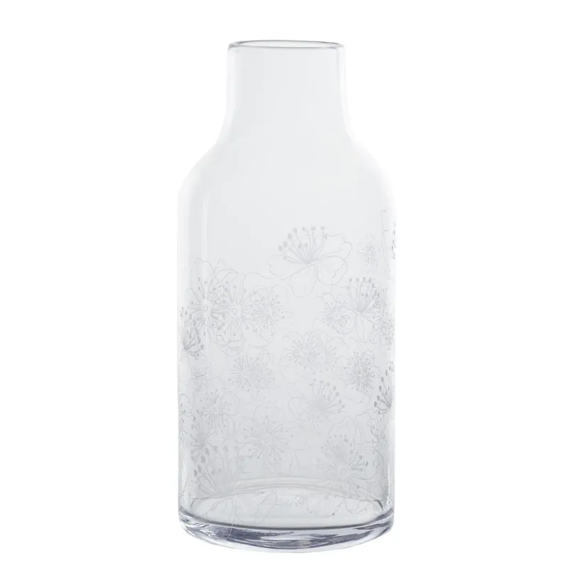 Tall Glass Vase With Engraved Flowers 11.8&quot;