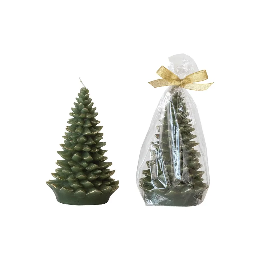 Tree Shaped Candle In Evergreen And Gold 7&quot;
