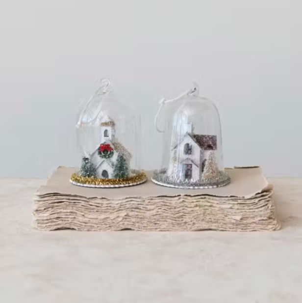 Glass Cloche Ornament With LED Light House White Red Roof