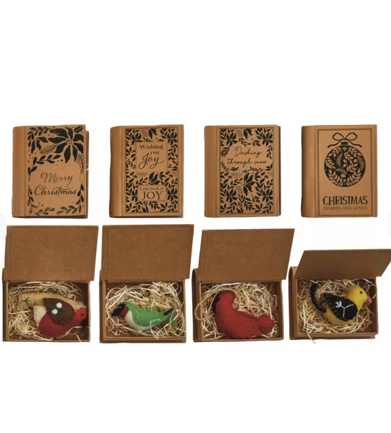 Red And Brown Bird Wool Felt Ornament In Book Box
