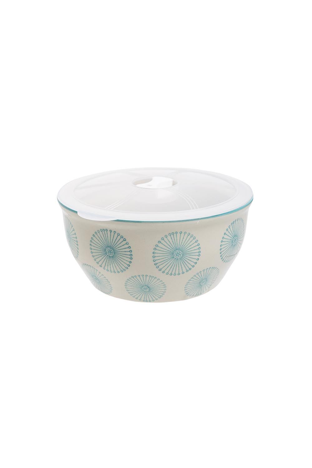 Bowl Art Deco Style Blue Floral Pattern With Lid 15cm