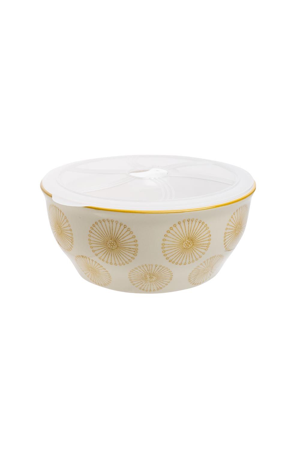 Bowl Art Deco Style Yellow Floral Pattern With Lid 18.5cm