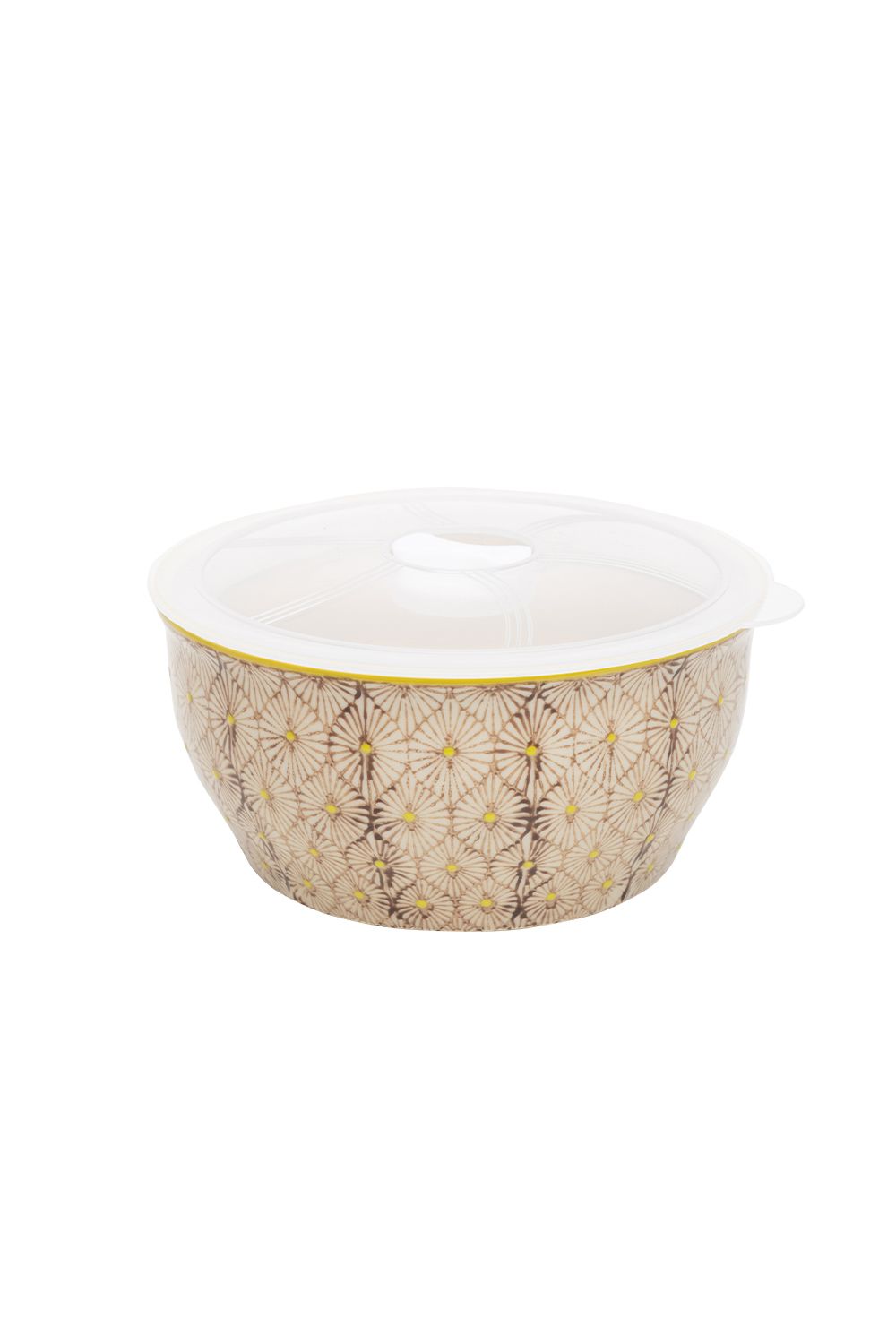 Bowl Art Deco Style Brown And Yellow Floral Pattern With Lid 15cm