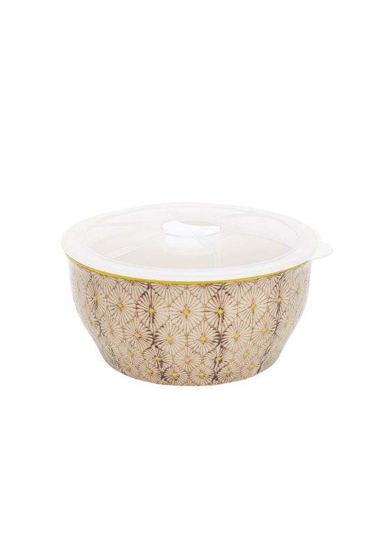Bowl Art Deco Style Brown And Yellow Floral Pattern With Lid 15cm