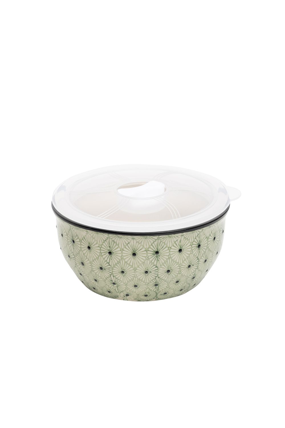 Bowl Art Deco Style Green And Black Floral Pattern With Lid 13cm