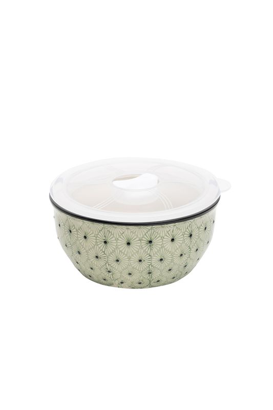 Bowl Art Deco Style Green And Black Floral Pattern With Lid 13cm