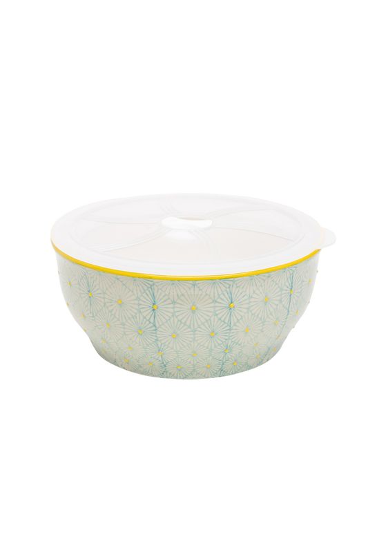 Bowl Art Deco Style Blue And Yellow Floral Pattern With Lid 18.5cm