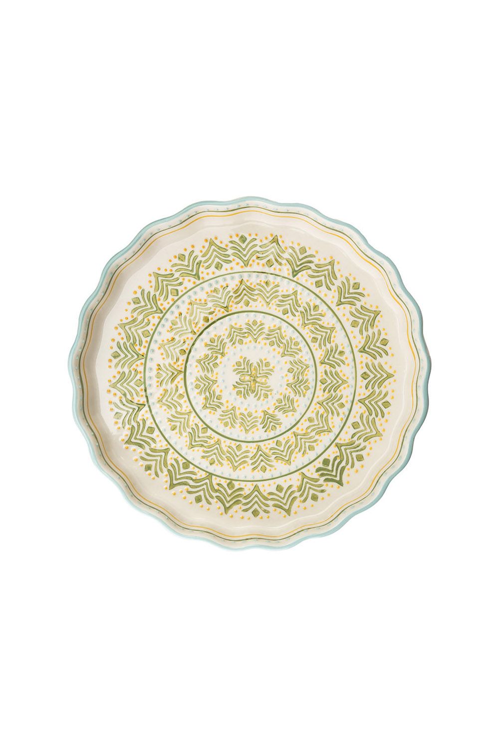 Hand Stamped Quiche Dish Retro Green 10 Inch