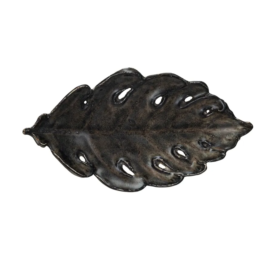 Stoneware Leaf Plate With Reactive Brown &amp; Green Glaze