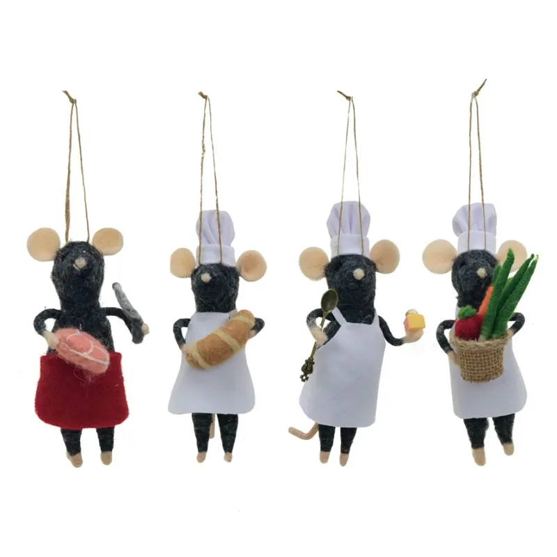 Felt Mouse With Chef Hat And Red Apron Butcher Ornament