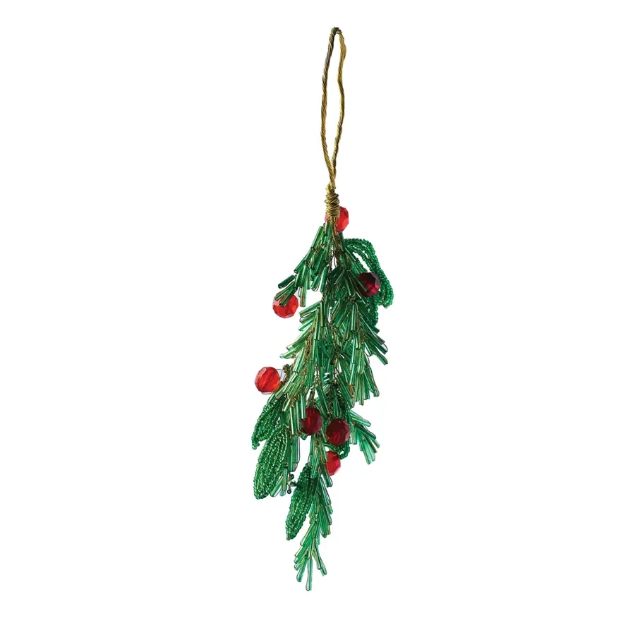 Glass Beaded Mistletoe Leaf And Berry Bunch 7&quot;