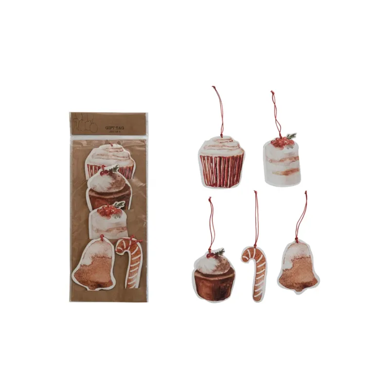 Set Of 5 Cardboard Holiday Treat Gift Tag Ornaments