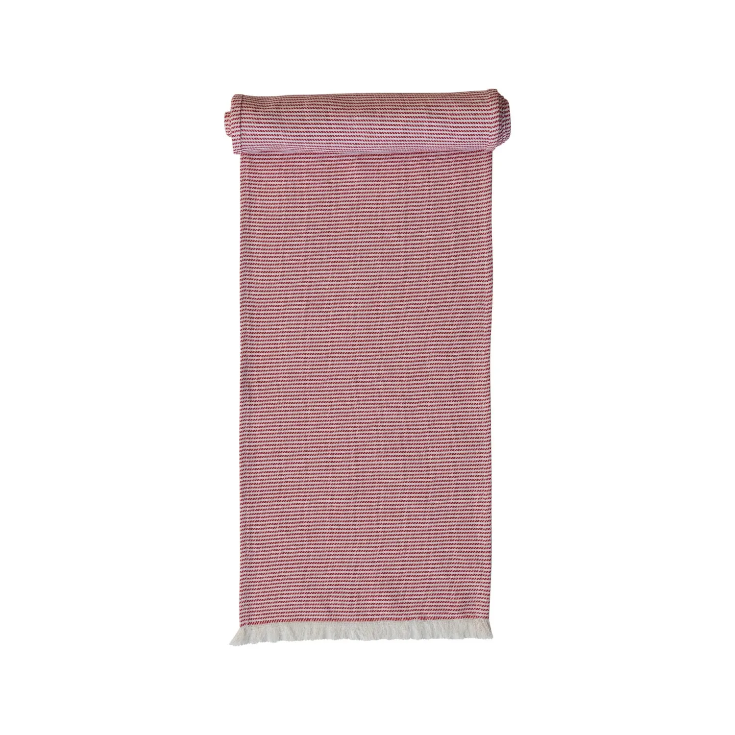 Table Runner Woven Cotton Red &amp; White Stripe With Fringe 108&quot; L x 14&quot; W