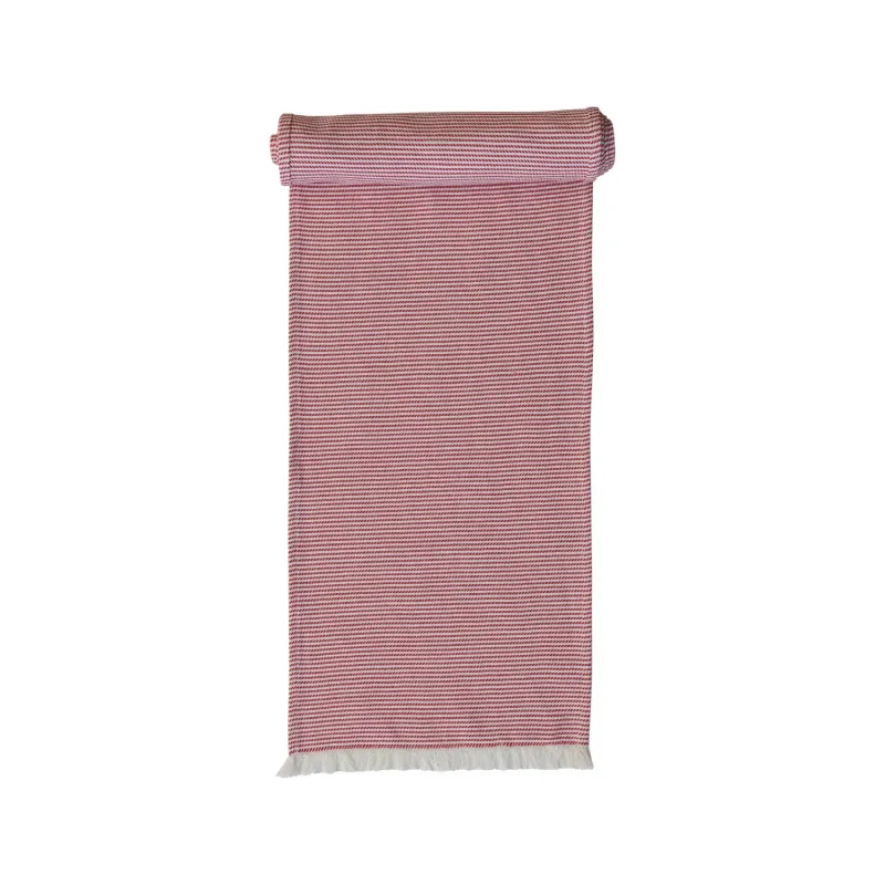 Table Runner Woven Cotton Red &amp; White Stripe With Fringe 108&quot; L x 14&quot; W