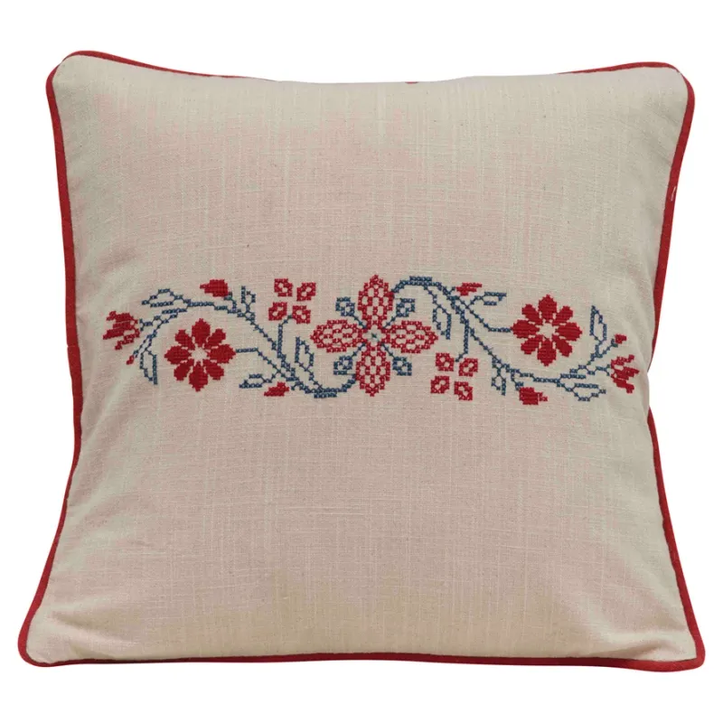 Cotton Red And Blue Floral Cross Stitch Pillow 18&quot; Final Sale