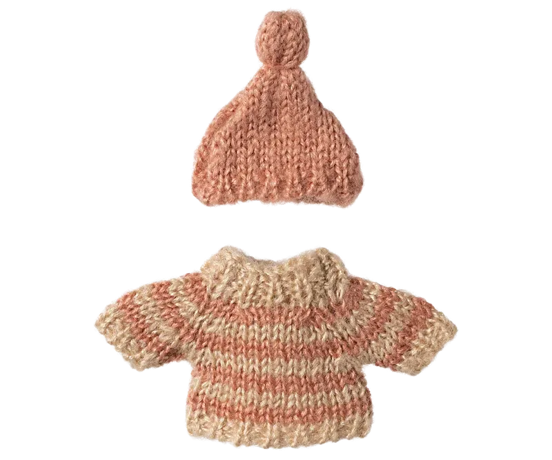 Maileg Knitted Mouse Sweater &amp; Hat Big Sister/Brother Size Brown And Pink Stripe