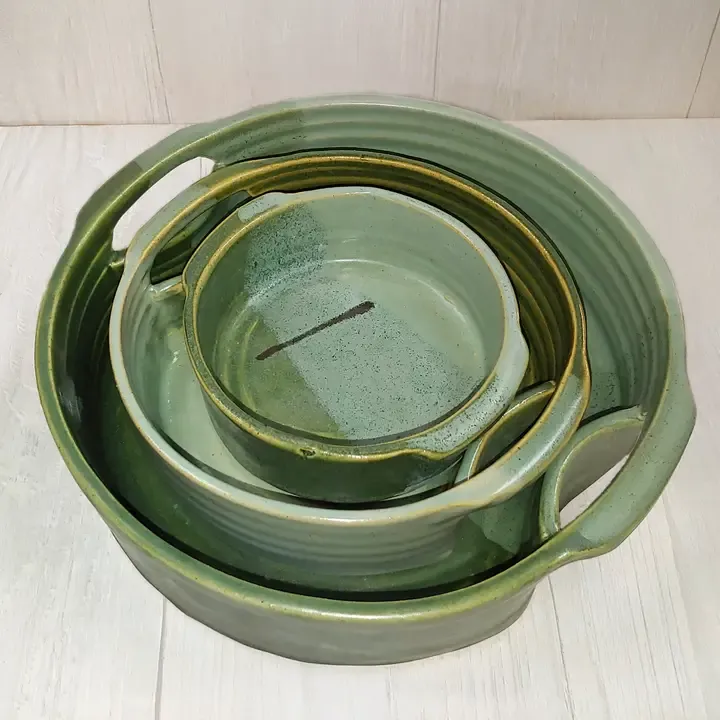 Handmade Pottery Baker With Green &amp; Blue Glaze Small