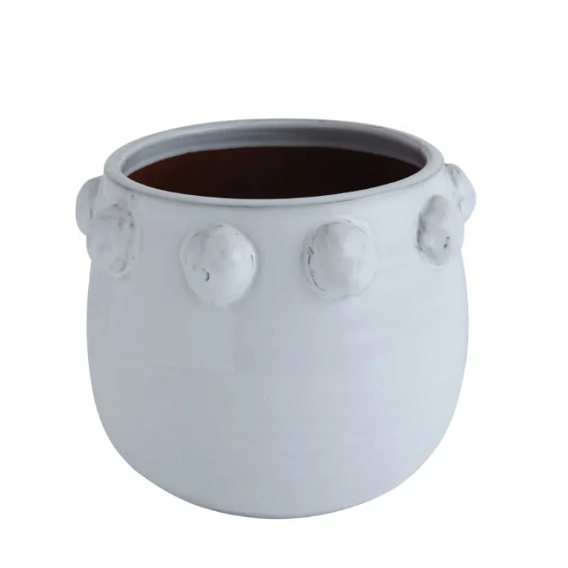 Round White Terracotta Planter With Raised Dots Around Rim 10.5&quot; R x 9&quot; H