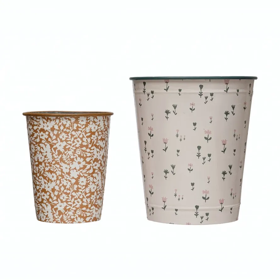 Metal Bucket Cream With Floral Print Large