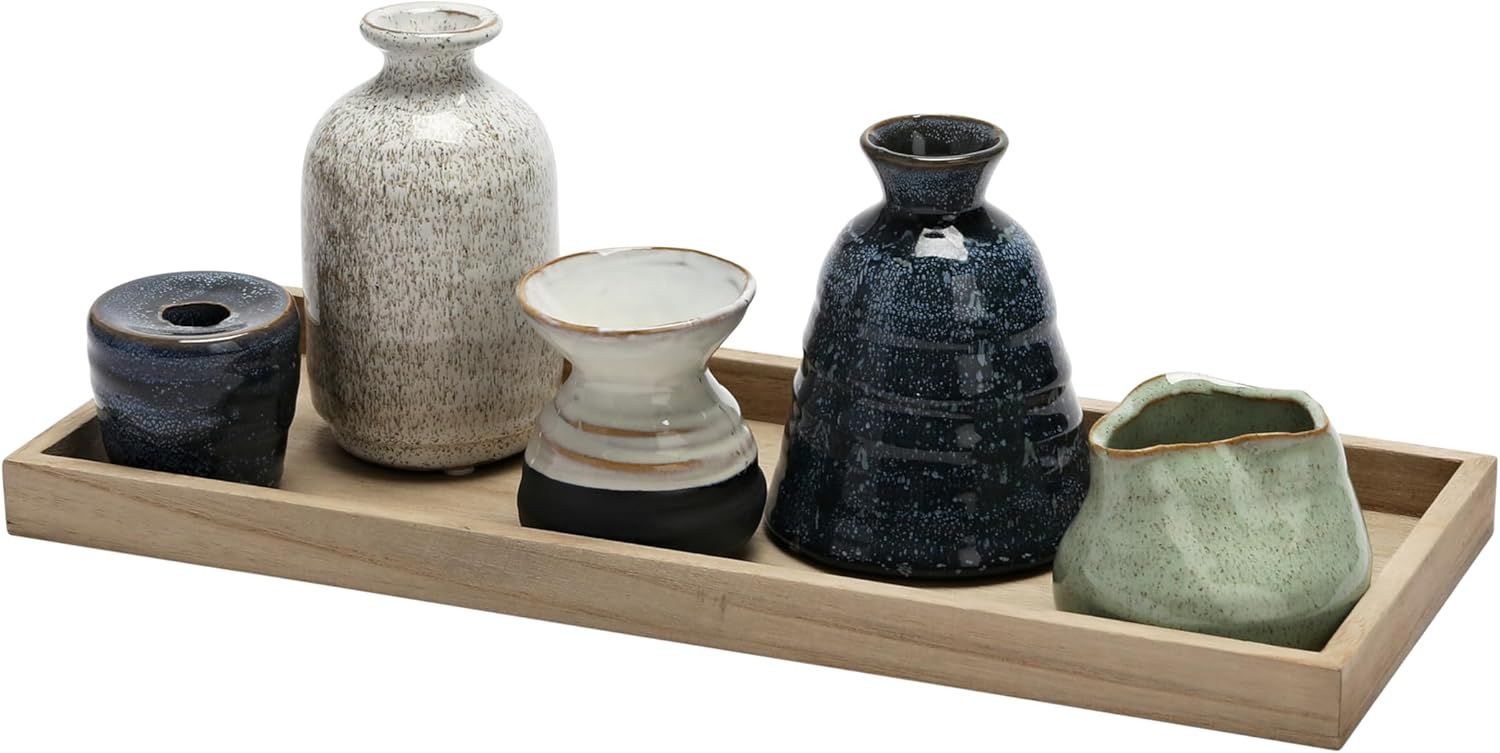 Set Of 5 Stonware Vases/Candle Holder On Wooden Tray 16-3/4&quot; L