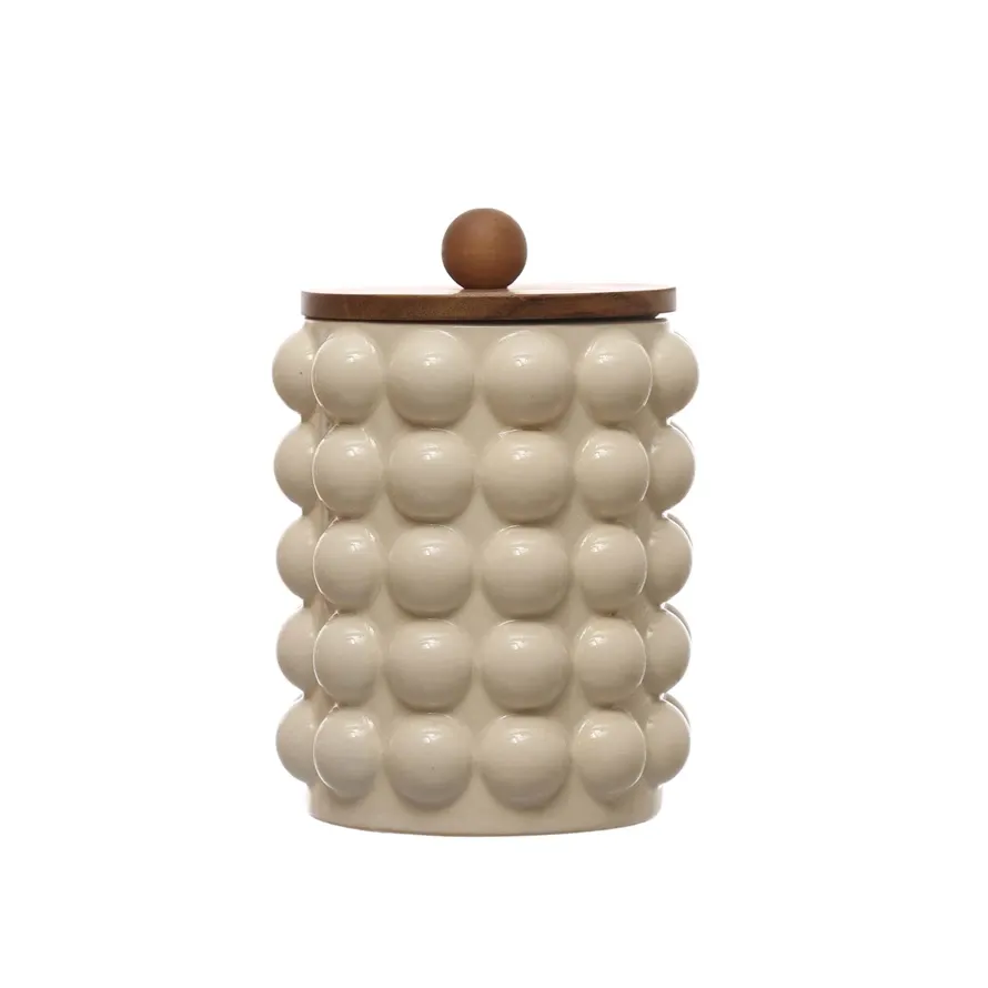 Stoneware Bubble Canister With Cream Glaze And Wood Lid 8-1/4&quot; H