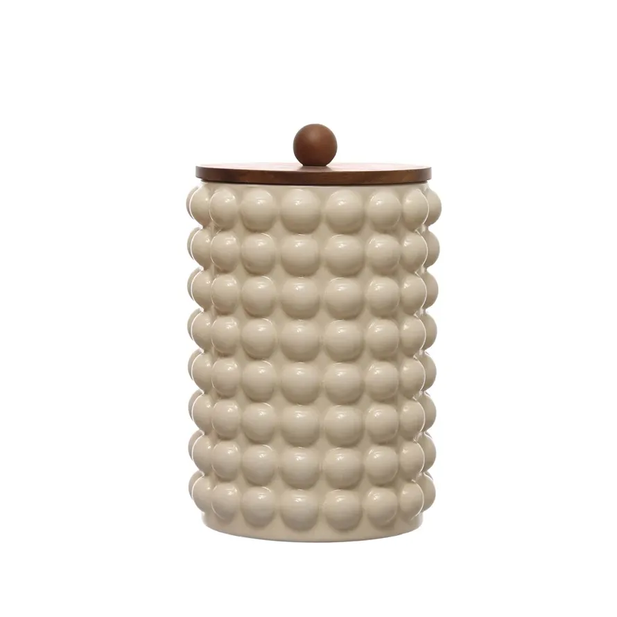 Stoneware Bubble Canister With Cream Glaze And Wood Lid 10.5&quot; H