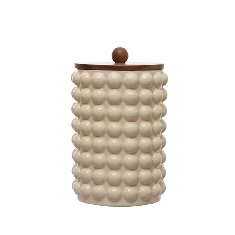Stoneware Bubble Canister With Cream Glaze And Wood Lid 10.5&quot; H