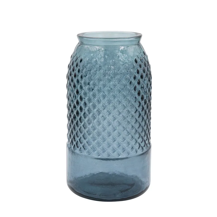 Glass Vase In Blue With Diamond Pattern 11&quot;