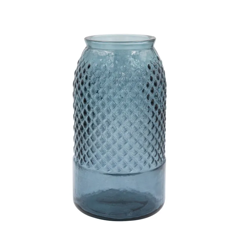 Glass Vase In Blue With Diamond Pattern 11&quot;