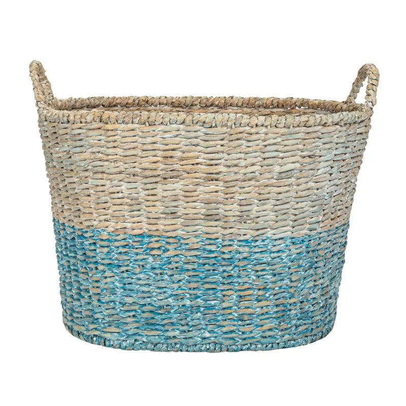 Handwoven Tall Oval Basket Cream &amp; Blue Extra Large