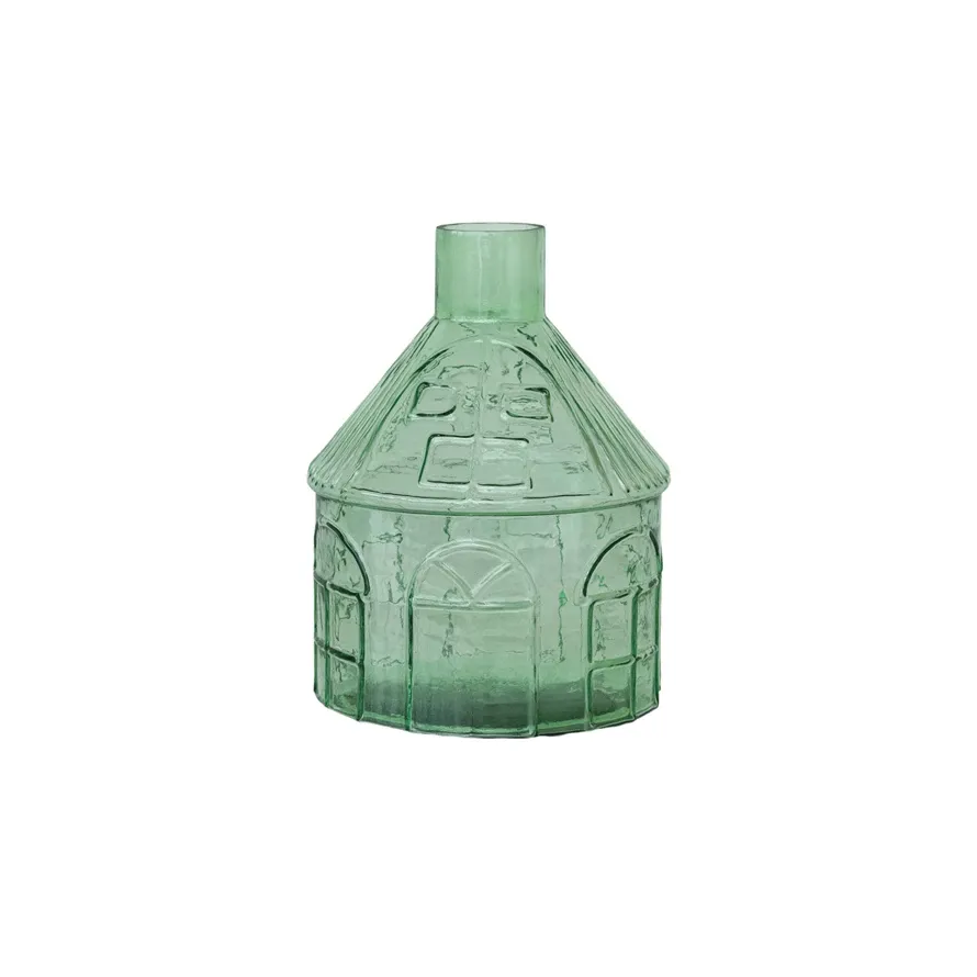 Decorative Light Green Glass House Shaped Vase 8&quot; Rnd x 11&quot; H