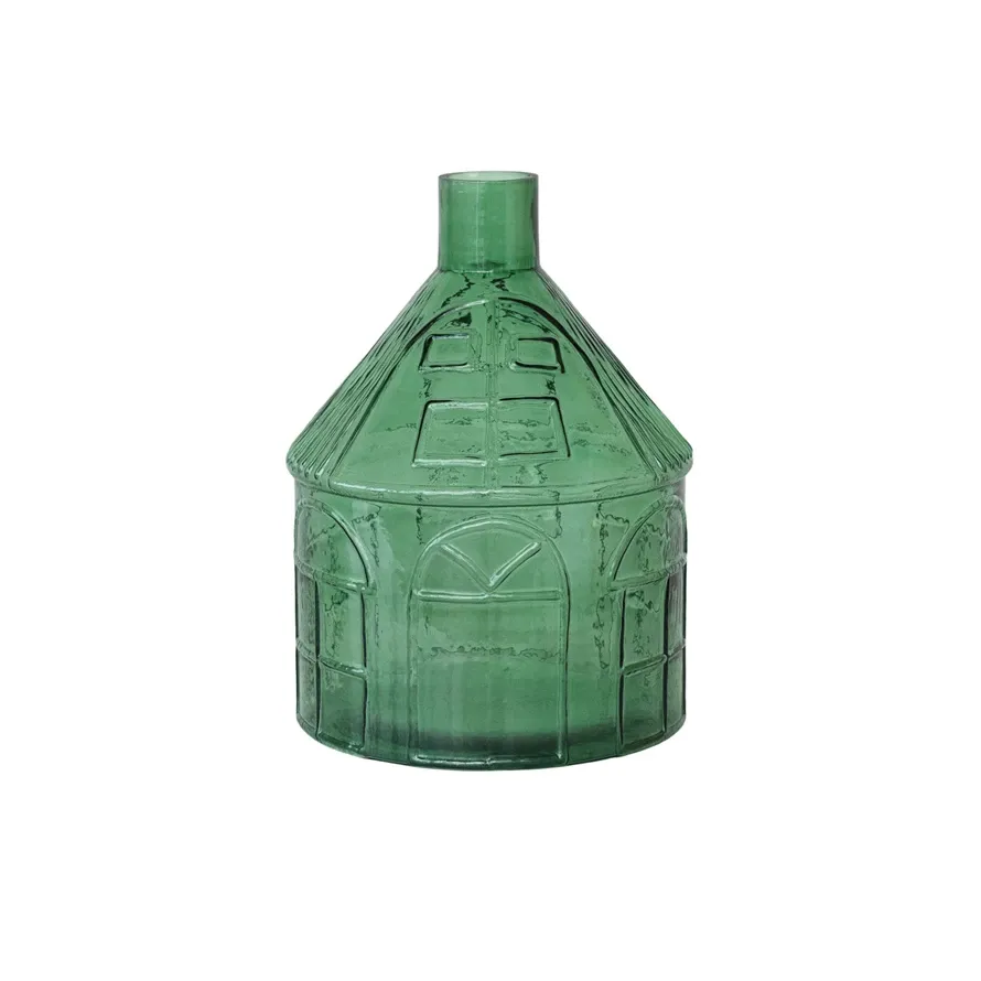 Decorative Green Glass House Shaped Vase 10.5&quot; R x 14&quot; H