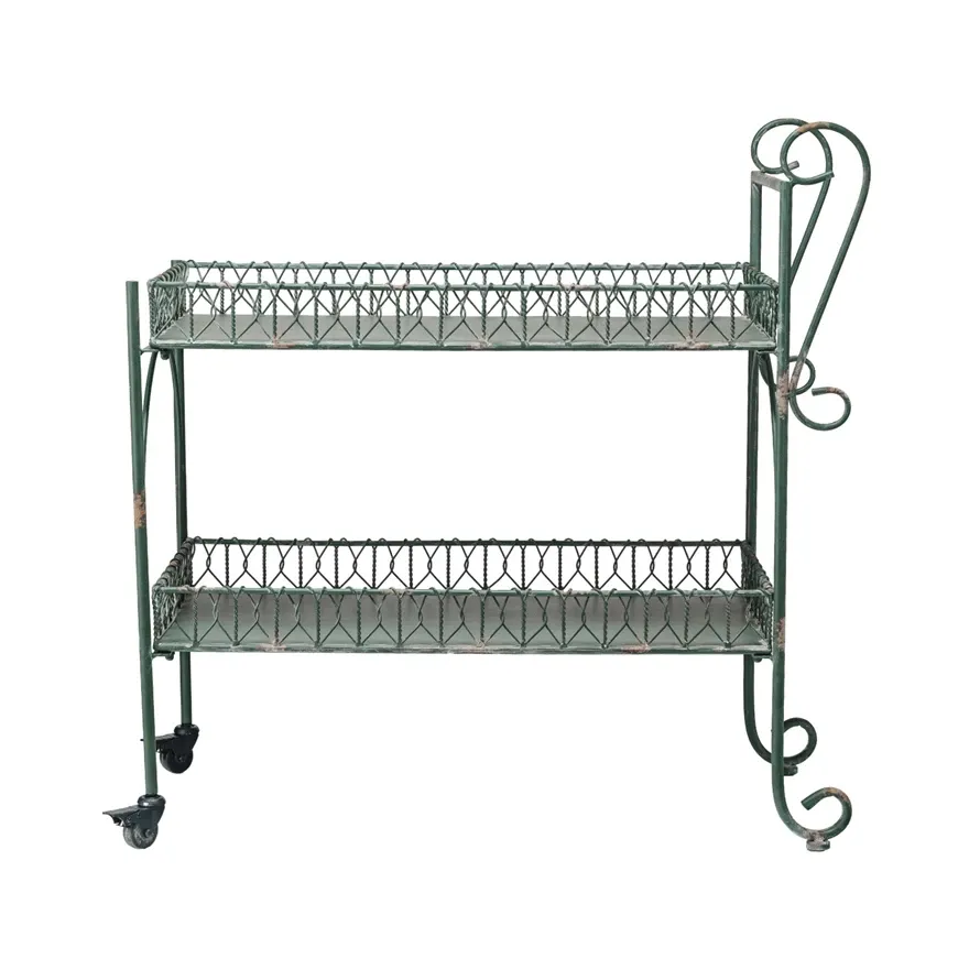 Metal 2 Tier Bar Cart On Casters In Green