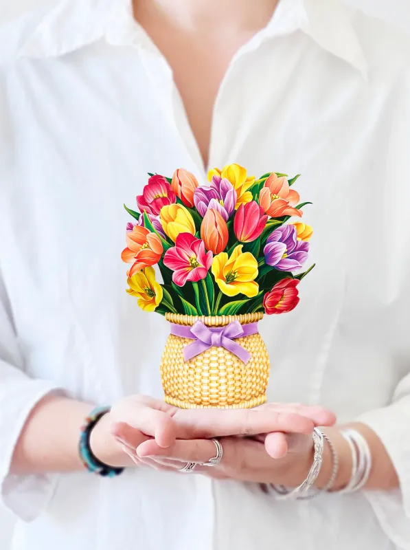 Fresh Cut Paper Pop Up Bouquet &amp; Matching Card Mini Festive Tulips