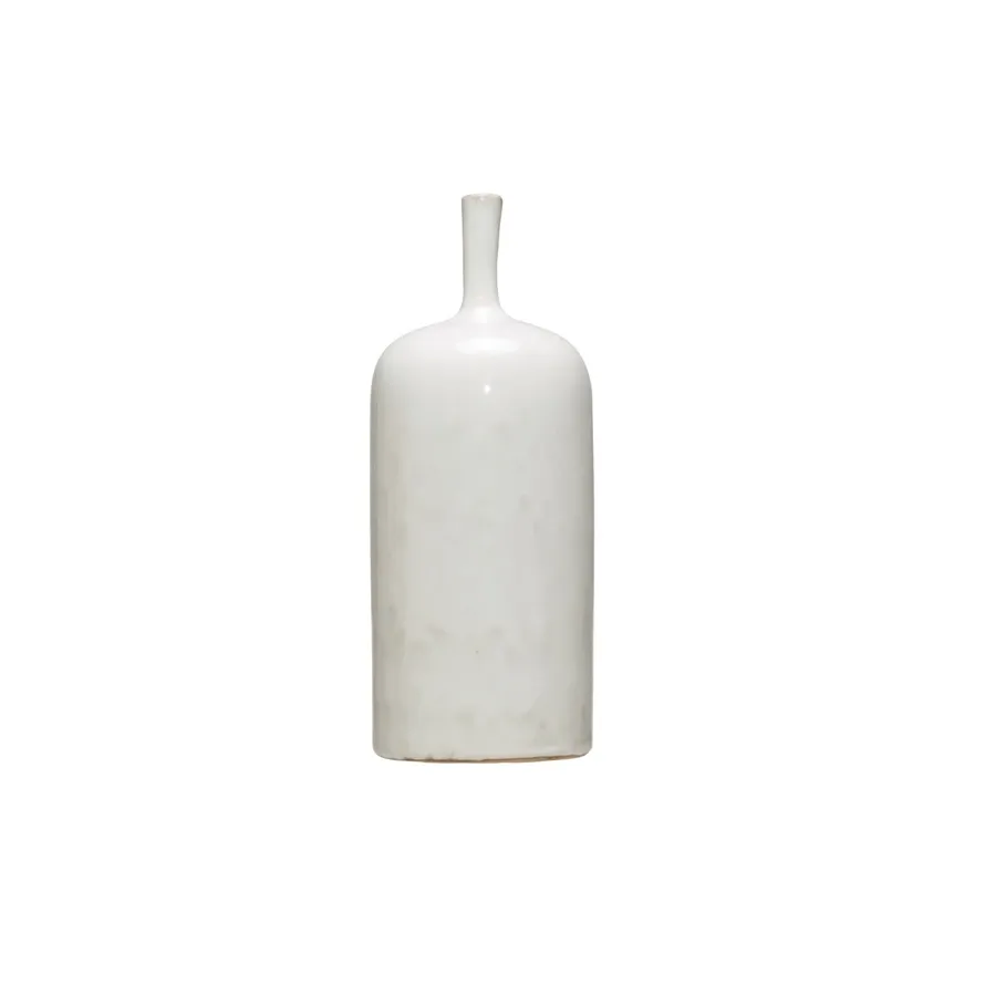 Stoneware Vase With Reactive Glaze And Long Thin Neck White 12.5&quot; H