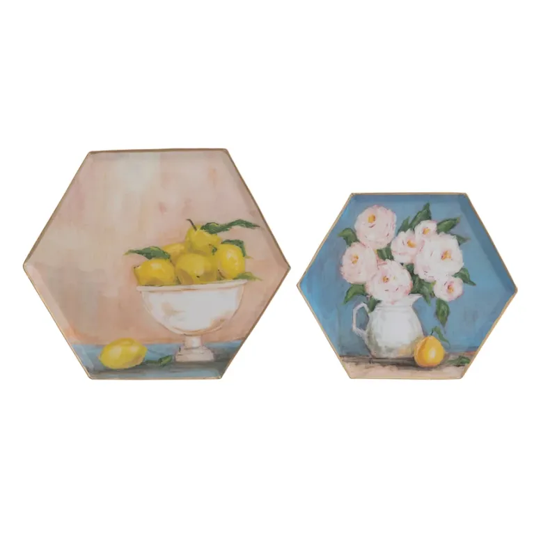 Enameled Hexagon Metal Tray With Gold Trim Pitcher Of Flowers Small